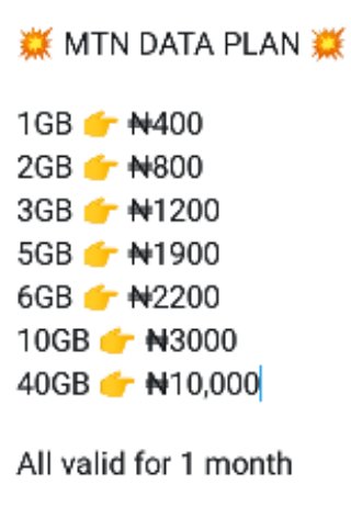 DM me or click the WhatsApp link for your MTN data. https://wa.me/p/4358020270887974/2348163938754