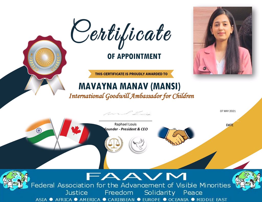 mavayna_manav's tweet photo. Honored with an Prestigious Entitlement as the ‘International Goodwill Ambassador for Child’ by @FAAVMAFPMV . https://t.co/1TwUjEziKf Thank you @PMCandidate 🇨🇦 Senetor, (PMO) Liaison officer (NCPC-PAC) for the Honour & believing in me.
🇨🇦🇮🇳#FAAVM #InternationalGoodwillAmbassador https://t.co/R0a29UALNG