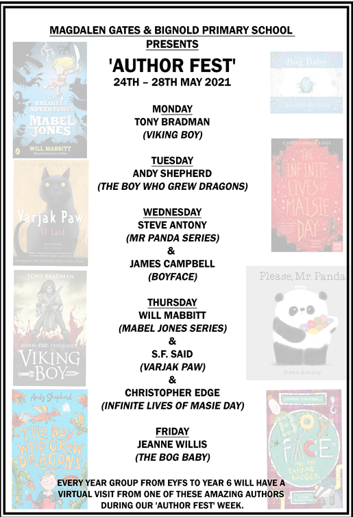 Magdalen_Gates's tweet photo. @Magdalen_Gates are super excited for our 'Author Fest' 24th-28th May 21. We're joining up with #bignoldprimary for an amazing book filled week! Virtual author visits, book fair, visits to @Bookbugsdragon1 and story telling @PlantationGdn It sure is going to be a great week! https://t.co/A0b0wChe3D