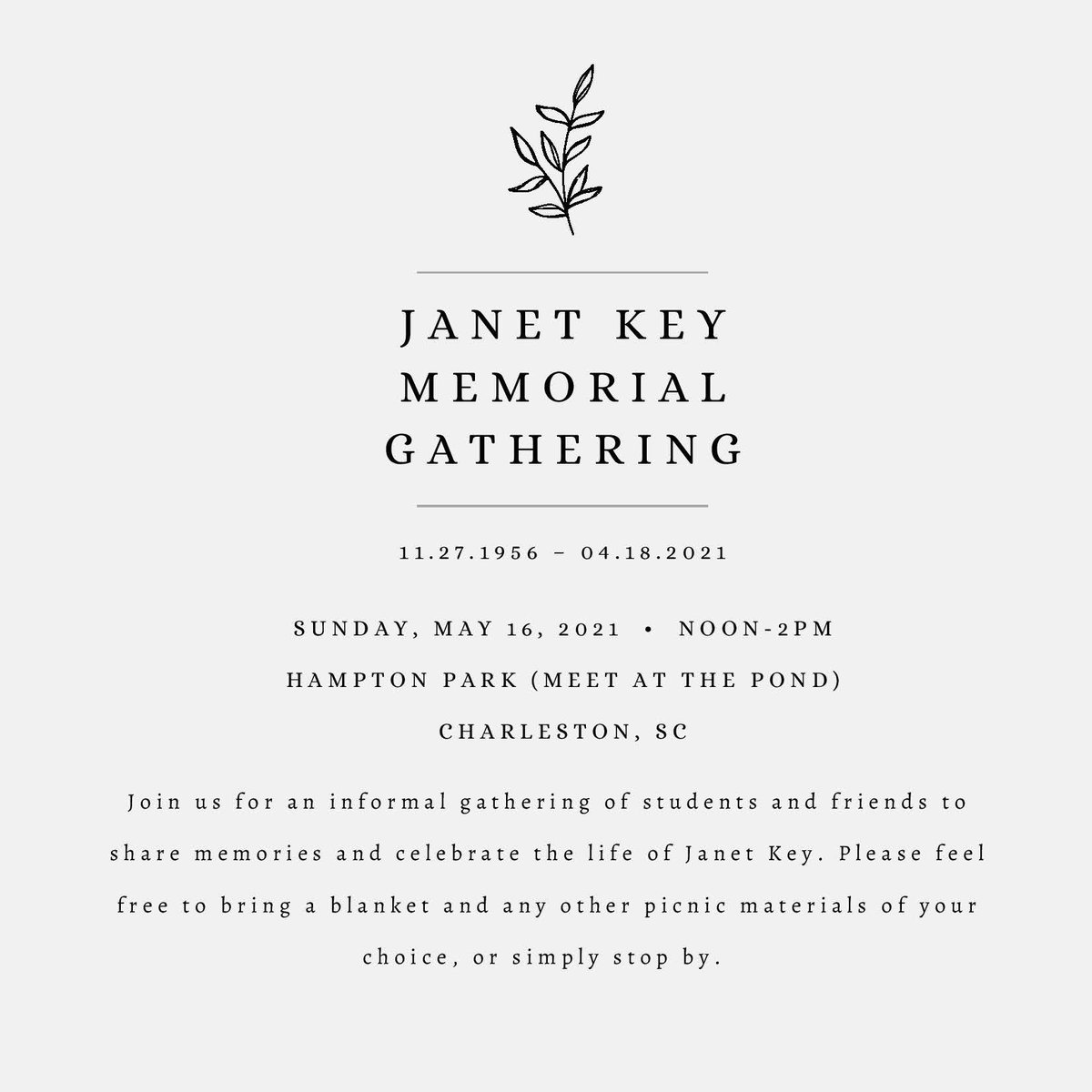 CofCMPA's tweet photo. A group of MPA Alumni are planning a memorial tribute to Janet Key on Sunday, May 16th. https://t.co/2ts3VZBeGB
