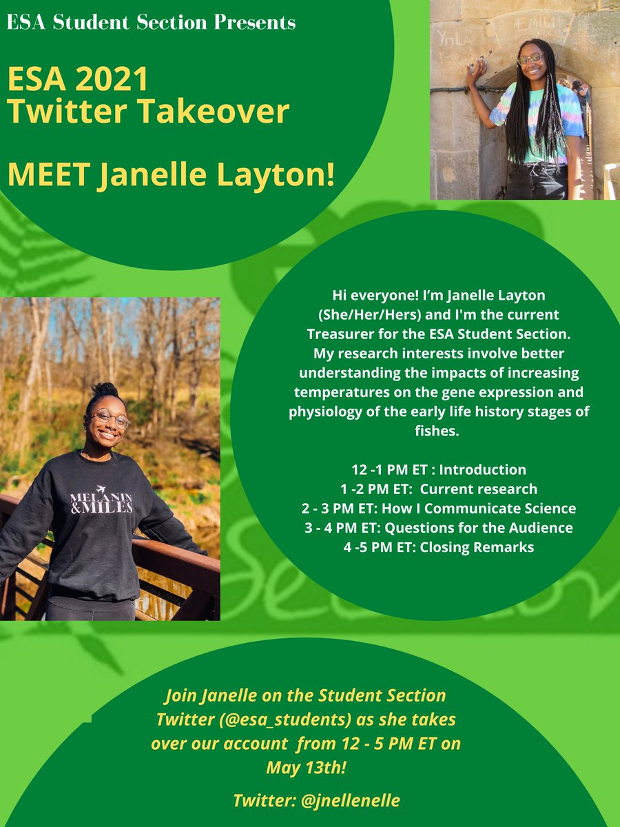 ESA Student Section (@esa_students) on Twitter photo .<a href="/jnellenelle/">Janelle Layton</a> will be taking over our account this week! Her takeover will be Thursday (5/13) from 12-5 PM ET. She'll be talking about her research, science communication, and asking you guys some questions!
Interested in taking over our account? Use the link in our bio! .<a href="/jnellenelle/">Janelle Layton</a> will be taking over our account this week! Her takeover will be Thursday (5/13) from 12-5 PM ET. She'll be talking about her research, science communication, and asking you guys some questions!
Interested in taking over our account? Use the link in our bio!