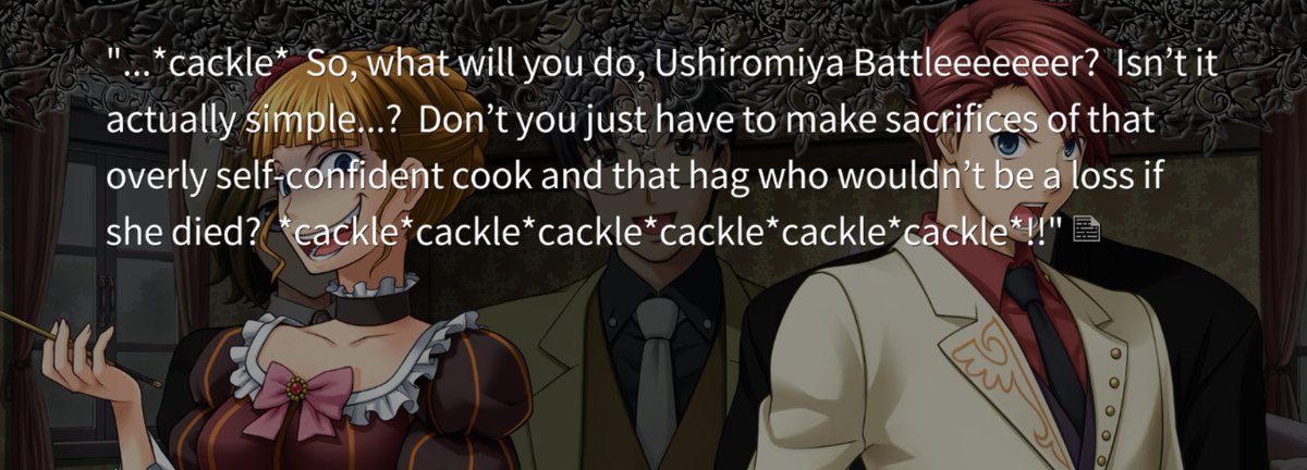 more of Beato testing if Battler will throw away the heart for the sake of denying her.... she's so scared to believe in him that it's painful, haha. Him not singling out someone to blame is good, its that he refuses to think about the true culprit at all later on that...