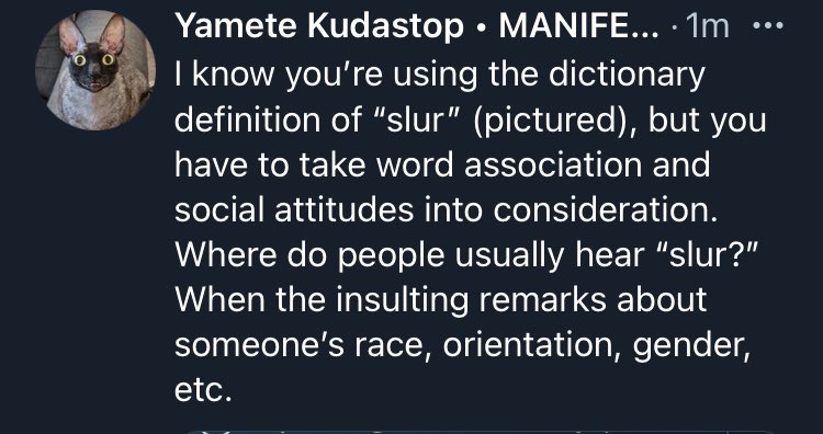 In an aside to a current hot topic, I find this argument that you can no longer use the word “slur” to mean what the word “slur” actually means ludicrous. In short, this is nonsense...