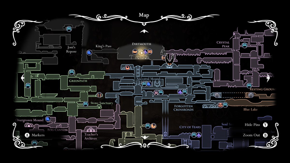 However, there is a big difference between Dirtmouth and Well Spring Glades, that is the location in their respective worlds. The first one is located on the upper part of the map and the second is in the centre. With this change, the feeling of the world changes completely: