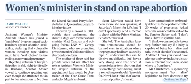 mjrowland68's tweet photo. Assistant Women's Minister @stoker_aj defends her participation in a right-to-life rally. @australian #auspol https://t.co/Jnc5DePqy4