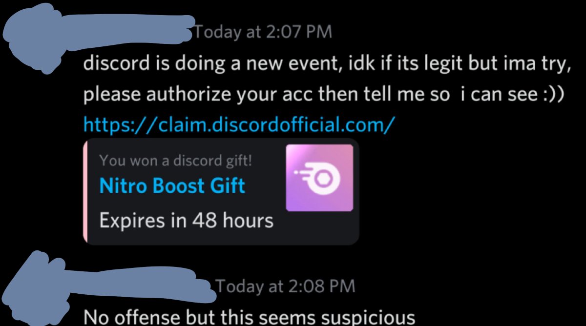 so there's a thing going around where people are getting hacked via a link that can grab your info just by clicking the link. it looks like this.(left is in a server, right is in dm's.images provided by anon.)(2/5)