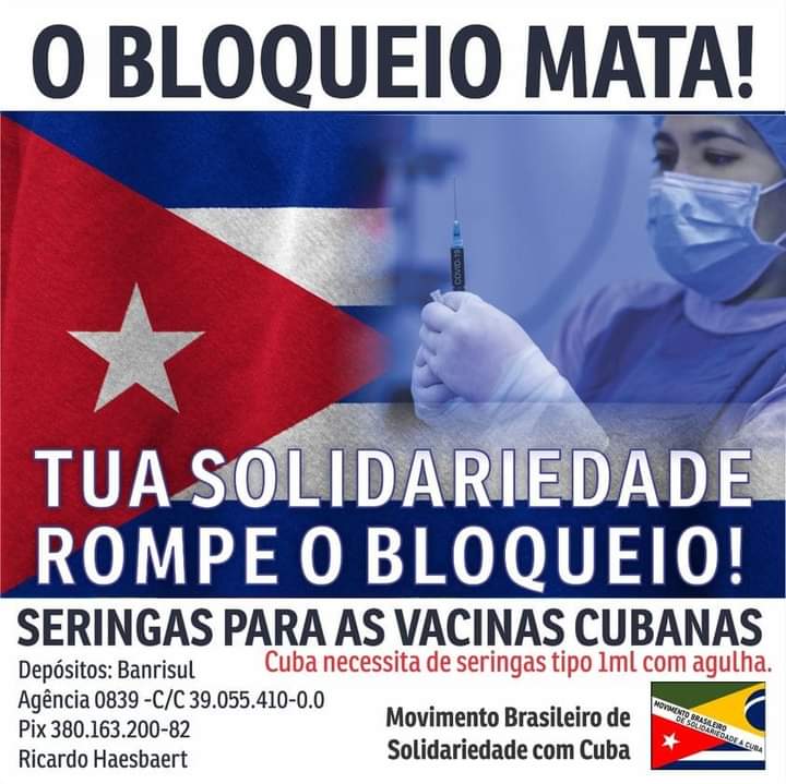 julionobre_ofs's tweet photo. Cuba precisa de seringas com agulhas. Vamos ajudar. Os imperialistas não nos deterão. Dia 23 de maio estaremos realizando um show em solidariedade a Cuba. Participe vc também. Compartilhe! https://t.co/baMfdWOTH6