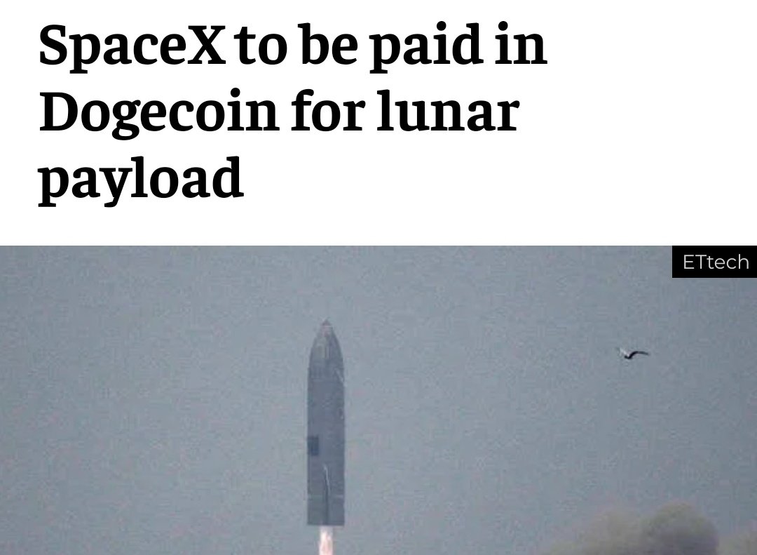 iamshafixe's tweet photo. #spaceX will carry a commercial payload to the moon🚀on its #Falcon9 rocket and be paid entirely in the cryptocurrency #Dogecoin 🐶
#dogetothemoon #DogeCoinTo1Dollar #doge #Dogefather https://t.co/ay46B1IxEN