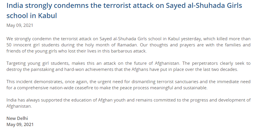 ANI's tweet photo. We strongly condemn the terrorist attack on Sayed al-Shuhada Girls school in Kabul yesterday, which killed more than 50 innocent girl students during the holy month of Ramadan: Ministry of External Affairs https://t.co/DVmkHNL8pw