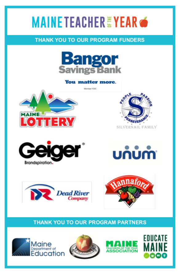 The excitement is building! Who will be your 2021 County Teacher of the Year? Find out at 2pm on Wed. May 12.  Join us on the <a href="/mdoeUpdates/">MaineDOE Updates</a>  youtube.com/MaineDOEComm
<a href="/EducateMaine/">Educate Maine</a> <a href="/MaineTOYA/">MaineTOY Association</a> 
<a href="/bangorsavings/">bangorsavings</a>
<a href="/Hannaford/">Hannaford</a> <a href="/geigergetsit/">Geiger</a> @unumnews <a href="/THEMAINELOTTERY/">Maine Lottery</a> @deadriverco