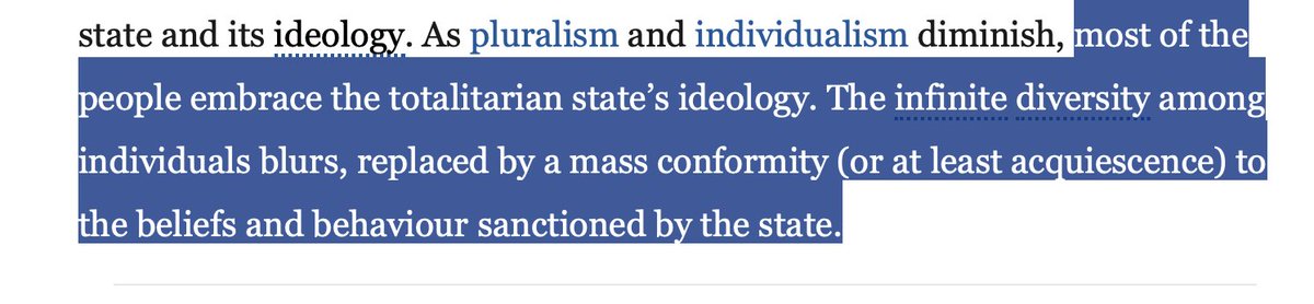 5/ They all accept the reality presented to them by the controlling authorities. It’s an extreme version of fascism when everyone lines up, salutes the leader, and wears some sort of identifying clothing. Sameness and conformity are valued. https://www.britannica.com/topic/totalitarianism