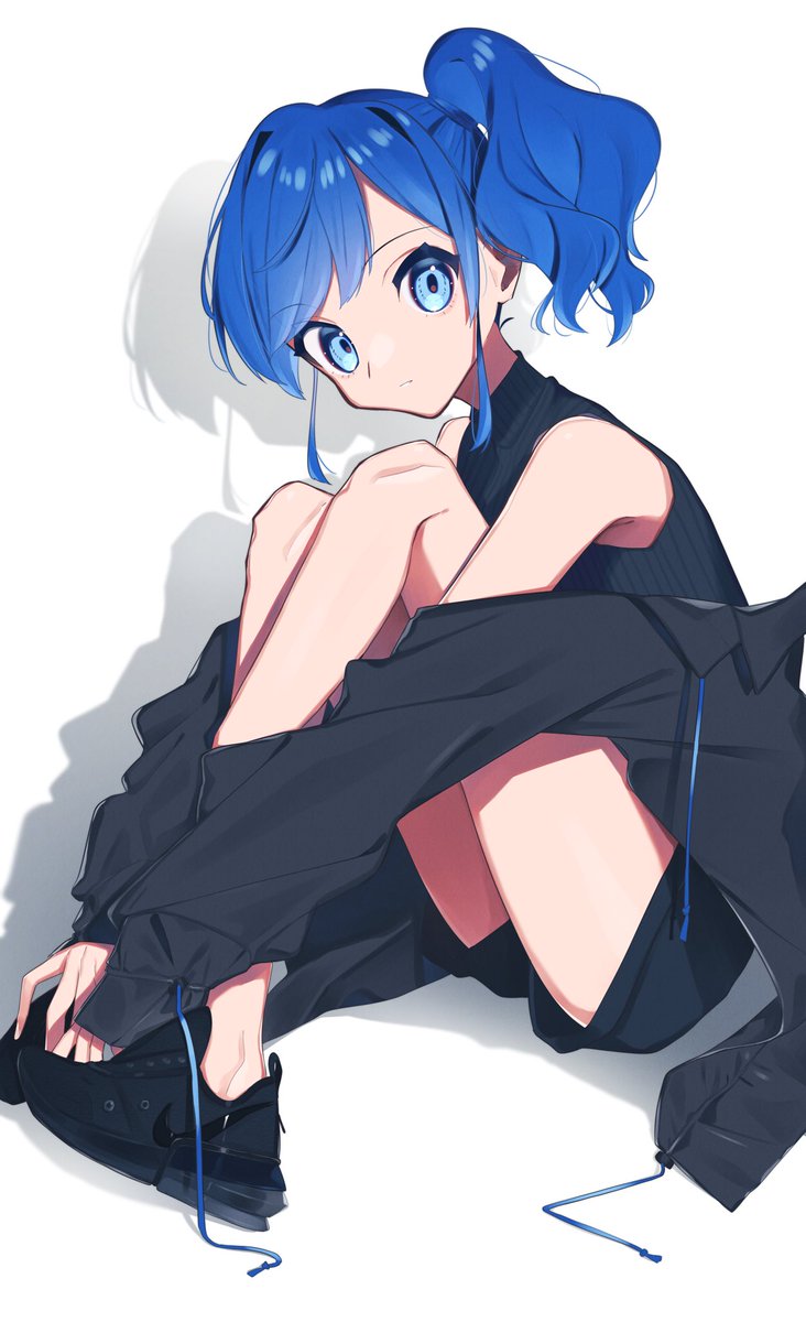 kiriya aoi 1girl blue hair solo blue eyes side ponytail looking at viewer sitting  illustration images