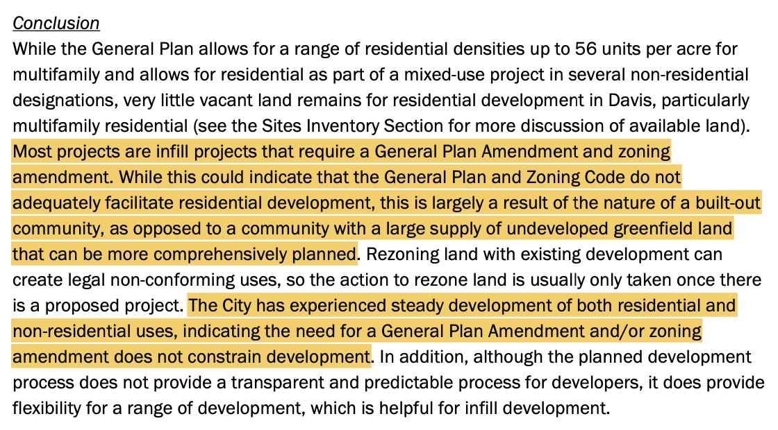 For starters: while "most projects" require general plan & zoning amendments, "this is ... the nature of a built-out community, as opposed to ... greenfield land." (Since when does "the nature" of a single-family neighborhood prevent city from planning for anything else?) 17/n