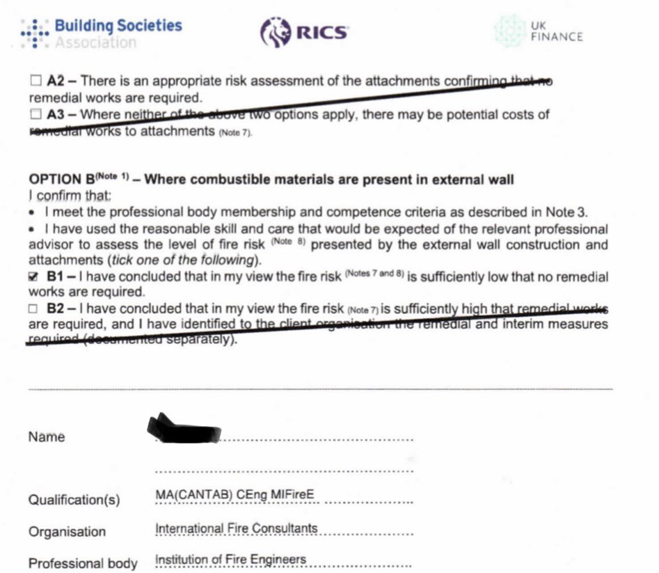 @ruthsmi07663119 @TheSTHome Very odd indeed! A #EWS1 looks like this … signed off by Institution of Fire Engineers … In our example B1.  But how can something like this change, which seems to be the case in the Sunday Times case study🤔  #Cladding