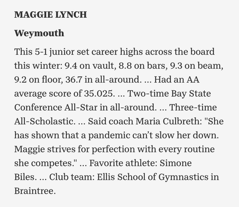 Congratulations Maggie for making the Patriot Ledger All-Scholastics! So proud of you, you’ve worked very hard for this well deserved recognition!