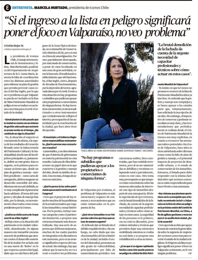 Muy buena entrevista de @HurtadoMarcela Presidenta de Icomos Chile @icomoschile quienes son un actor fundamental para aportar en el fortalecimiento de una gobernanza del SPM y abordar la comuna en estas materias.