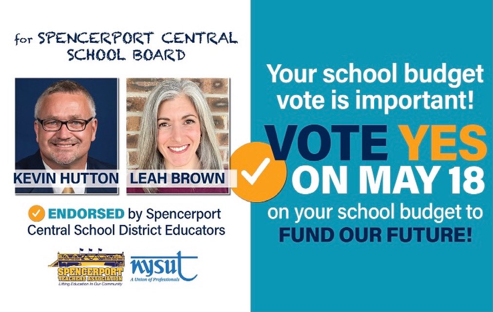 STA encourages you to Vote Yes on the school budget and Vote for Kevin Hutton and Leah Brown on May 18.