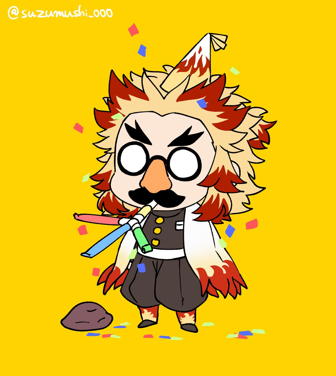 rengoku kyoujurou 1boy party hat male focus forked eyebrows twitter username solo confetti  illustration images