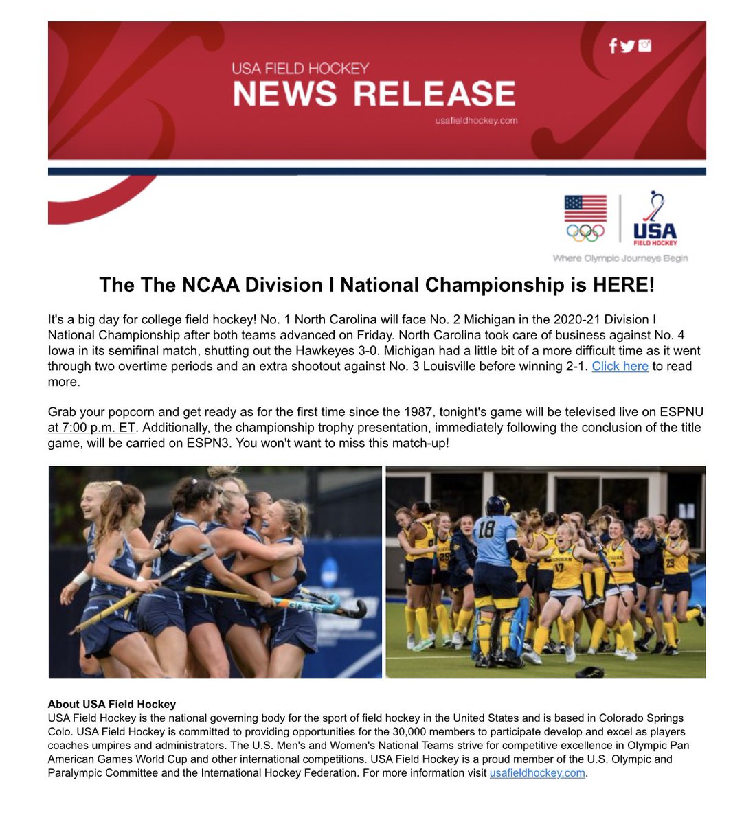 Tonight at 7 PM. Let’s go, Gillian, and Go Blue! 💜💛🏑🌪🐴