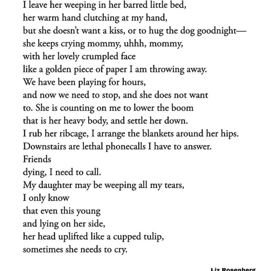 For those struggling to be mothers, or to balance their motherhood with other aspects of their lives - or feel a sense of resentment/shame about it. You can read the whole of Plath’s poem here:  https://utmedhumanities.wordpress.com/2014/10/13/three-women-a-poem-for-three-voices-sylvia-plath/