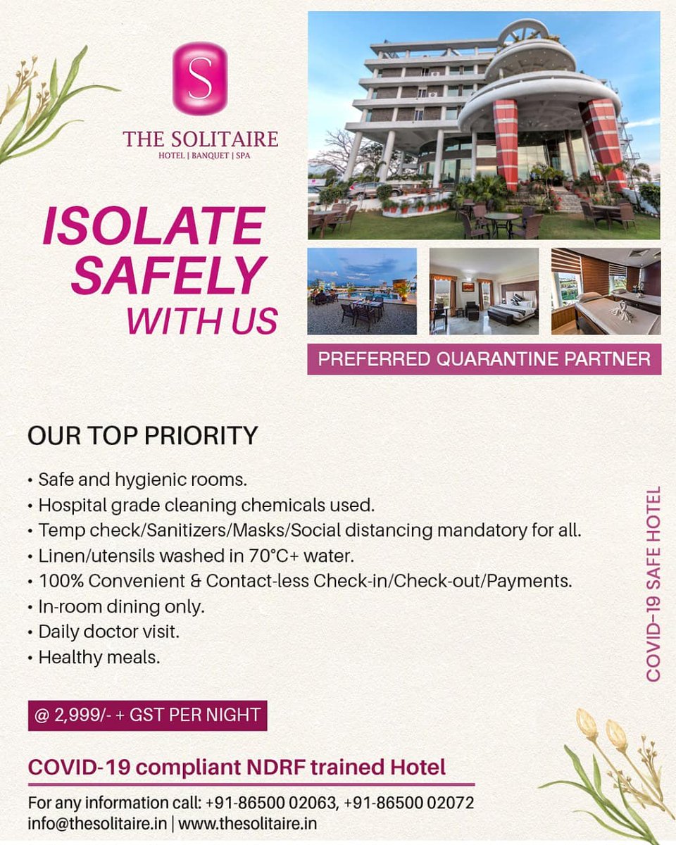 TheSolitaireDDN's tweet photo. Isolate yourself safely in the peaceful surroundings of #TheSolitaireHotel

We are committed to create a hygienic and safe environment for your period of Isolation.

#IsolateSafelyWithUs

For any information,
+91-8650002063, +91-8650002072
🌐 https://t.co/Bnk1OcfTjD https://t.co/ht4npcSsRF