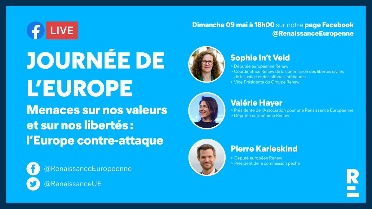 Retrouvons-nous à 18h pour échanger sur notre combat pour les valeurs européennes avec @SophieintVeld, @ValerieHayer et @Pierre_Ka. 

👉 facebook.com/RenaissanceEur…

#fetedeleurope #LAvenirVousAppartient