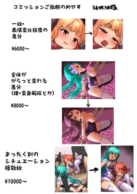 SKebの募集再開について
ご依頼金額のめやすとして
ガイドライン的な画像をつくってみました
とりあえずこんな感じで5日くらいの期間で募集再開してみます

マンガ形式のご依頼についてはいったん控えたい…というのも台詞を考えるのが苦手で全く進まなくなるのです… 