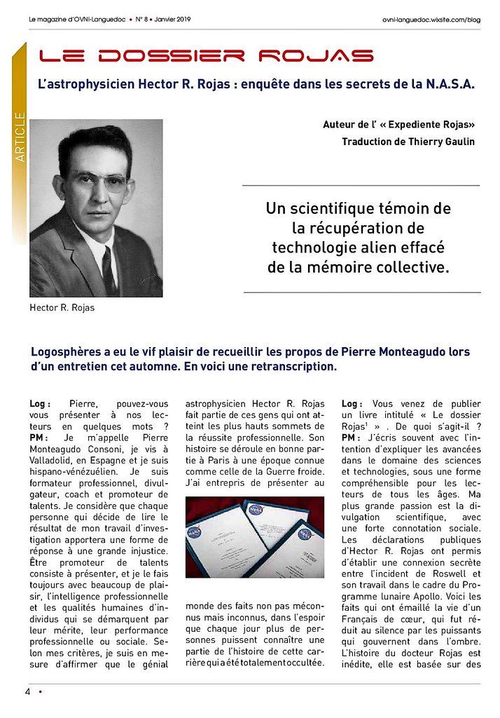 PierrMonteagudo's tweet photo. L'astrophysicien Héctor R. Rojas: enquête dans les secrets de la N.A.S.A. #NASA #Francia #franceinfo LOGOSPHÉRES Le Magazine d'OVNI - Languedoc #France N° 8 - Janvier 2019 👉🏻 Présente: #LeDossierRojas #ExpedienteRojas #TheRojasFile https://t.co/YaslSy5Fhi