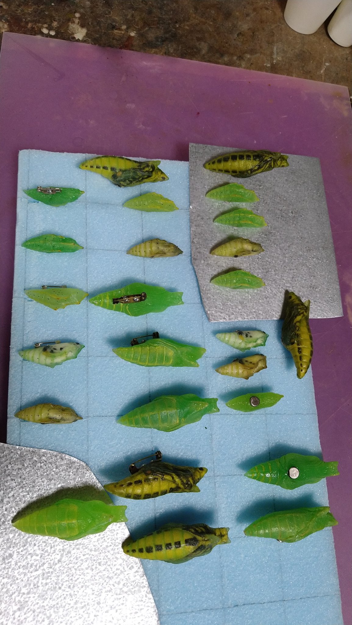 アーリオ工房 吉田ひでお 結構前から作っていた蛹シリーズもヒグマ爪のウレタンクリヤー仕上げと一緒に仕上げしちゃおうと塗装 先ずはモンシロチョウとアゲハ 共に0 蛹 羽化直前タイプ ピンタイプ マグネットタイプに モンシロチョウ アゲハ