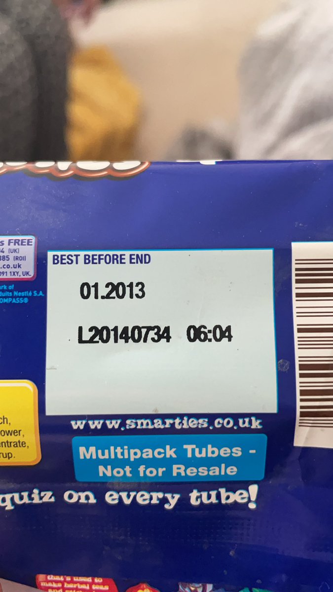 emilyports_'s tweet photo. @Tesco selling smarties with a best before date of 2013 which we only realised after eating, hope I’m feeling ok tomorrow 🤢😬 https://t.co/lJiKeflXSV