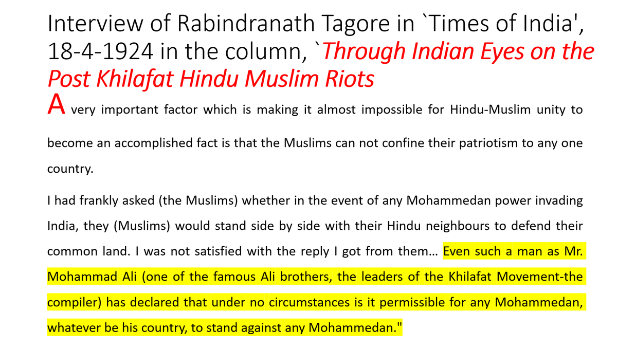 9/n In interview given to  @TOIIndiaNews on 18-4-1924 ,  #Tagore pointed out that Muslims can't ever be patriotic to any country.He gave eg of Muhammad Ali,whom all celebrate as symbol of secularism,where latter accepted that Muslims can't go against even attacking Muslim Nation.