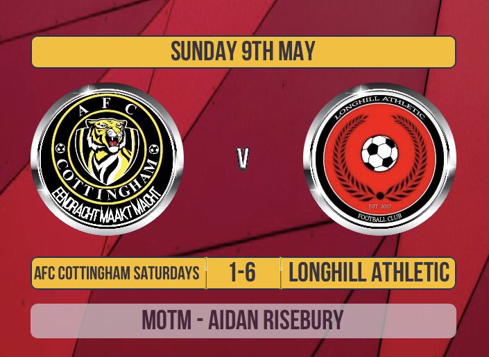 Full time result:
AFC Cottingham Saturdays 1-6 Longhill Athletic

Goal scorers:
James Kitching (2)
Ben Holdstock
Alex Ross
Ryan Bayley
Markus Craig

MOTM - Aidan Risebury

#LonghillAthletic #SuperSunday #TheReturn