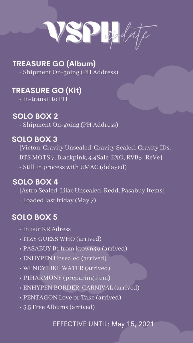 velaris_shop's tweet photo. #VSPH_Updates
As of May 09, 2021
SOLO BOX 3
I know super delay na nito, but we can't control the courier who's handling our box. It's still on process in their korean warehouse :(( I'm so sorry for the delay of this. Actually April 15, ready to ship na yung box but++ https://t.co/Bq5fgdXyVq