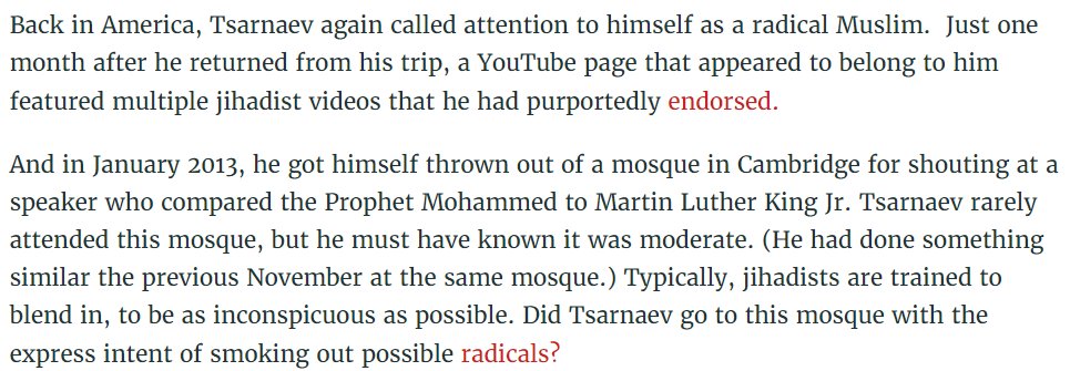 If Tamerlan was recruited as an informant, this would go some way toward explaining why his behavior abruptly shifted toward conspicuous support for radical Islam and strange scene-making at moderate mosques. Both would be ways of smoking out extremists to entrap in sting ops