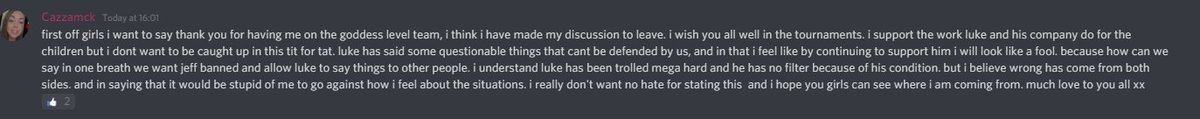 Cazzamck2's tweet photo. Today i have decided to leave the goddess level. the girls have been very respectful of my decision. Thank you @overworldleague for the tournaments that where hosted. and thank you to @NitroLukeDX for bringing together such strong women within the gaming community. https://t.co/spJQpQ2u9N