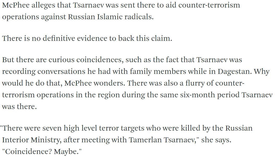 Why would he record his conversations with family members while in Russia, if he wasn't an informant? Why were multiple high level terrorists killed days after meeting with him, if he wasn't informing on their locations? US & Russia have joint counterterror ops in Dagestan