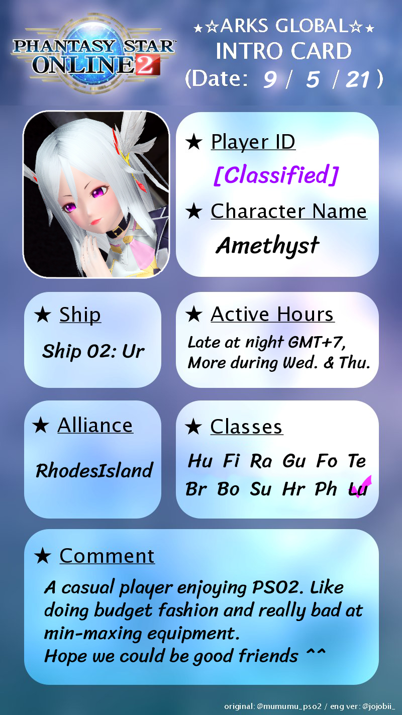 紫スパーク Done My Arks Intro Card Pso2 Pso2global Arksintroductioncard アークス自己紹介カード T Co Grohlah3rm Twitter