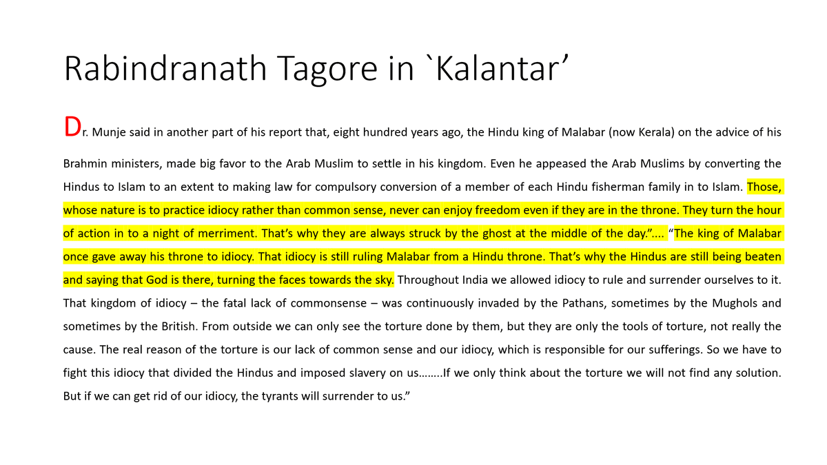 10/n I again quote Gurudev from "Kalantar".For him, act of Cheraman to convert to Islam (I consider it fake) was an act of appeasement & idiocy.For him conversion to Islam at will was like idiocy, something like inviting Ghost in middle of the day. @ShashiTharoor sir?