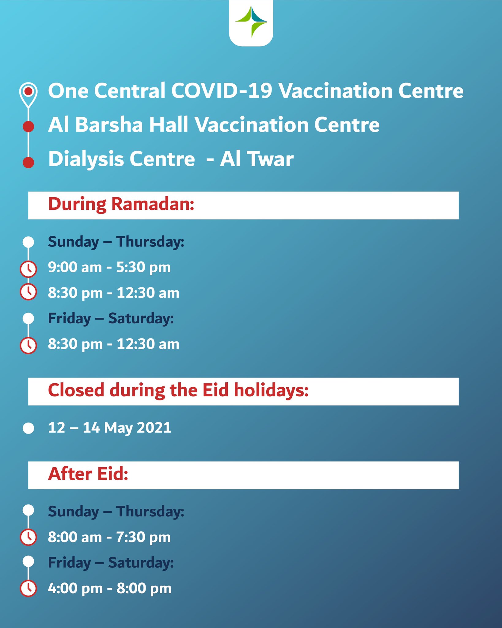 هيئة الصحة بدبي on Twitter "Working hours at DHA vaccination centres before and after EidAlFitr…