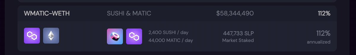 The MATIC/ETH stake on Sushi on Polygon right now is earning ~100% annualized.It probably won't stay that high, but even if it's 10-20% that's some bonus upside you can earn for holding tokens you were interested in anyway. Especially if you're bullish on Sushi (I am).