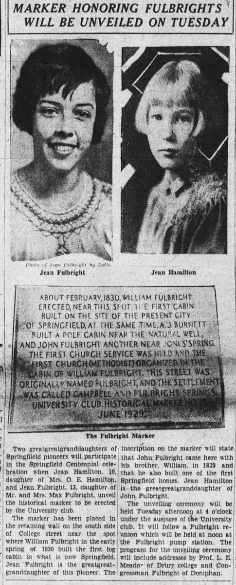 In 1929 a marker honoring the Fulbright cabin was unveiled on College St. Great great grandaughters of brothers John and William Fulbright, as well as Congressman Fulbright of Doniphan, MO, were present. The story doesn't mention the enslaved men and women who built the cabin.