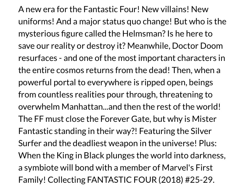 dano_cosmic's tweet photo. New ✨#MarvelCosmic✨ #comics this week for #NCBD (5/12/21)
✨
#FantasticFour TPB Vol. 7: #ForeverGate
✨
W-@DanSlott,A-#RBSilva & more,cover by #MarkBrooks
✨
#Helmsman #DoctorDoom #SilverSurfer #KinginBlack #Marvel #MarvelComics https://t.co/udOCfwhMmH