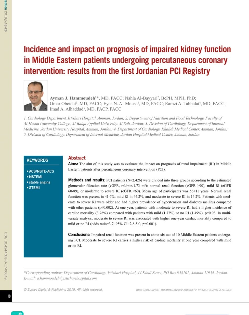 AcademyCardio's tweet image. #AsiaIntervention.
Outcome in 2426 PCI Middle Eastern patients in relation to eGFR. 
#Ayman_Hammoudeh et al. 
#JoPCR1