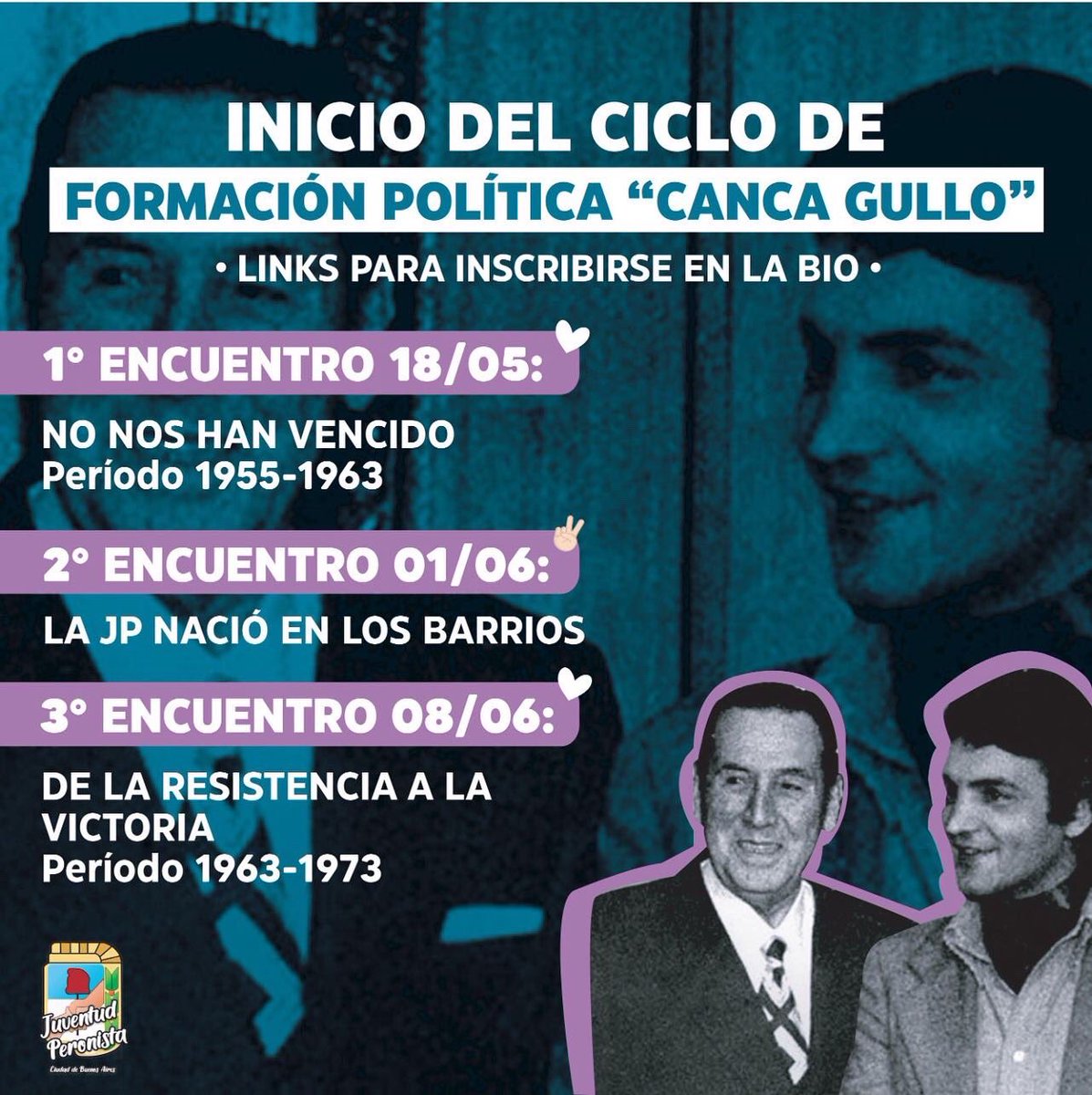 Jp_caba's tweet photo. 🔈Inició Ciclo de Formación Política “Canca Gullo” 

✍️ Abrimos la Inscripción al primer Ciclo de Formación Política de la JP que inicia el Martes 18/5.

👉🏽 Para anotarte tenes el link en nuestro perfil. 

✌🏽
@PJCiudad 
@p_justicialista https://t.co/0k0DoYrHEf