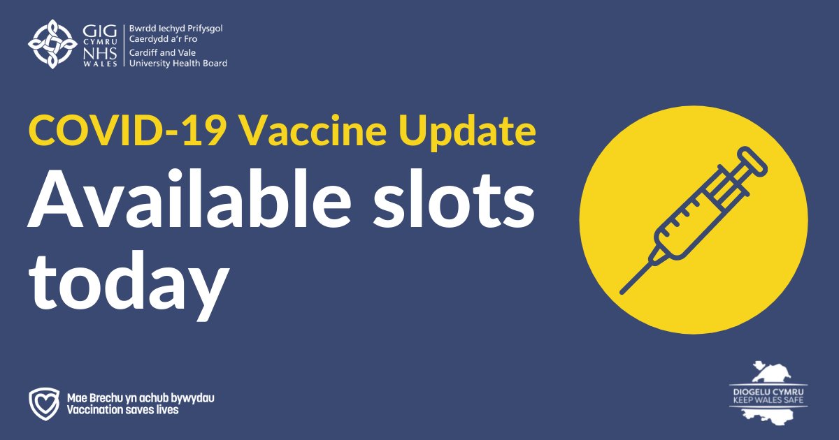 PLEASE SHARE: We still have available slots for adults aged 18+ to receive their FIRST DOSE of the COVID-19 vaccination today, and tomorrow. Please call our booking line on 029 2184 1234 to arrange an appointment at one of our Mass Vaccination Centres.
