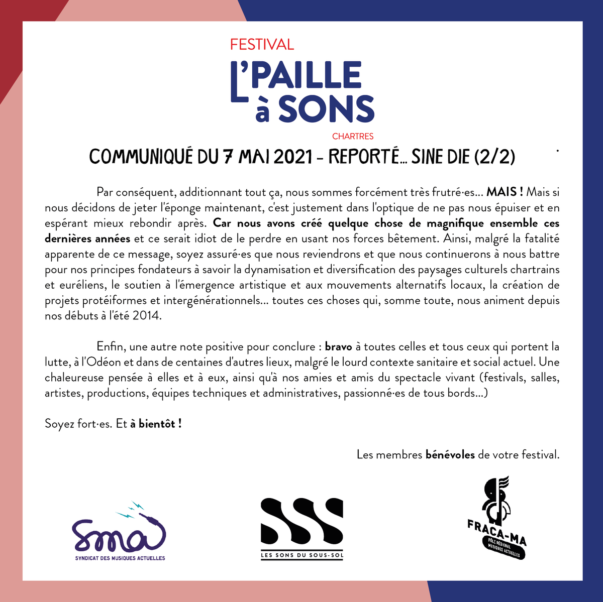 [SEE YOU... LATER (ALLIGATOR)]

Résumé de l'année avec l'asso:
sept 💪
oct 🤙
nov 😮
dec ✊
janv 👀
fev 😕
mar 🪑
avr 😶
mai ⛔🔇😡🤬😢🤦‍♂️🤦‍♀️💔🏳

Le lien vers la publi FB avec nos bisous pour celles et ceux qui nous aident depuis tant d'années bit.ly/3vNOUkQ

À vite..!