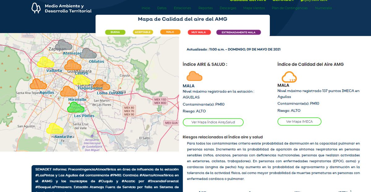 #AlMomento  la #CalidadDelAire en #AMG es: #Mala 
Índice AIRE &amp; SALUD : MALA
Nivel máximo registrado en la estación : AGUILAS
Contaminante(s): PM10
Riesgo: ALTO
Mantente informado en: siga.jalisco.gob.mx/aireysalud/