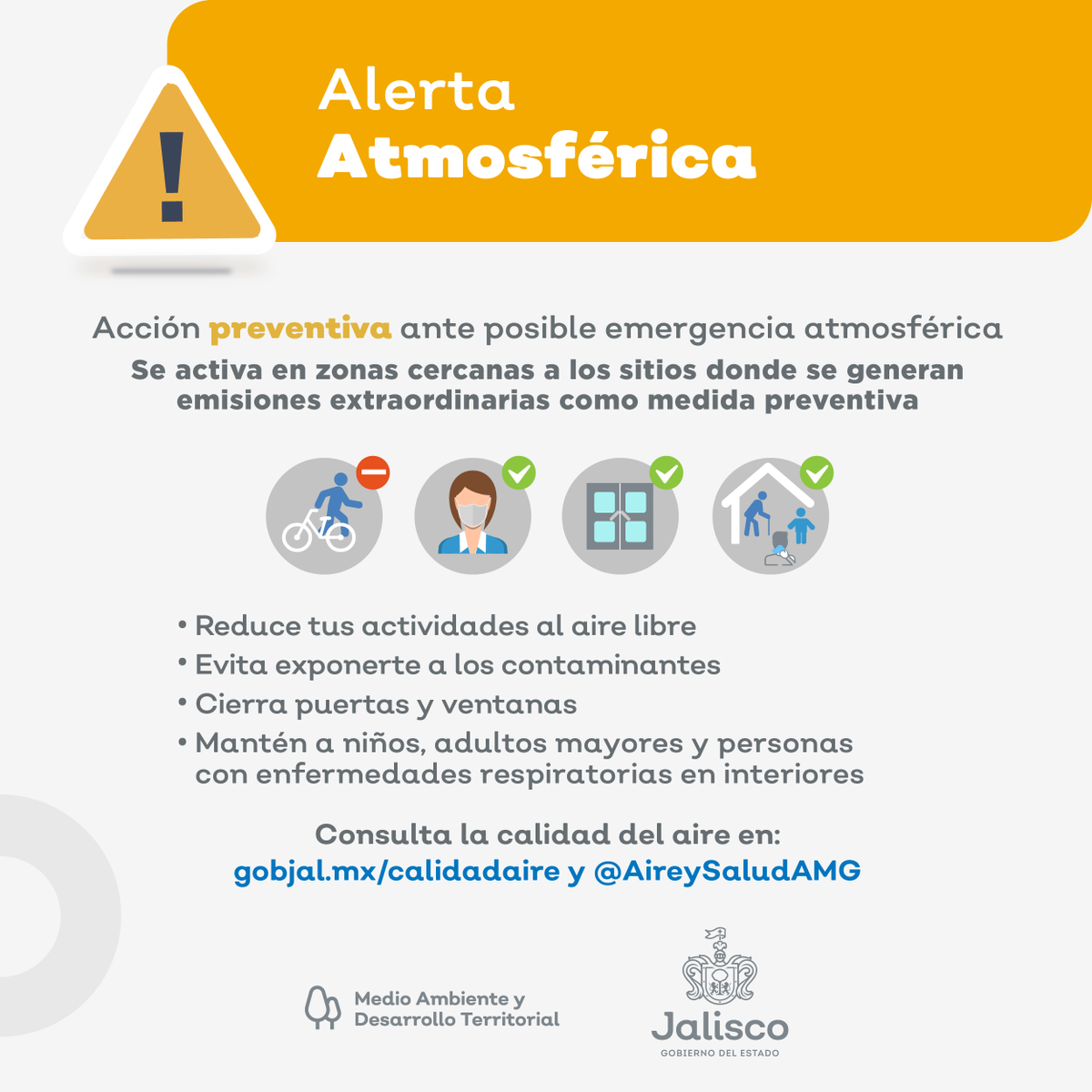 No bajemos la guardia. Las emisiones  por el #IncendioForestal en <a href="/BosquePrimavera/">Bosque La Primavera</a>  seguirán presentes en el #AMG mientras continúa el combate. Sigue nuestras recomendaciones.

Continúa #AlertaAtmosférica en el #AMG por #IncendioForestal 
Comportamiento en las próximas horas: