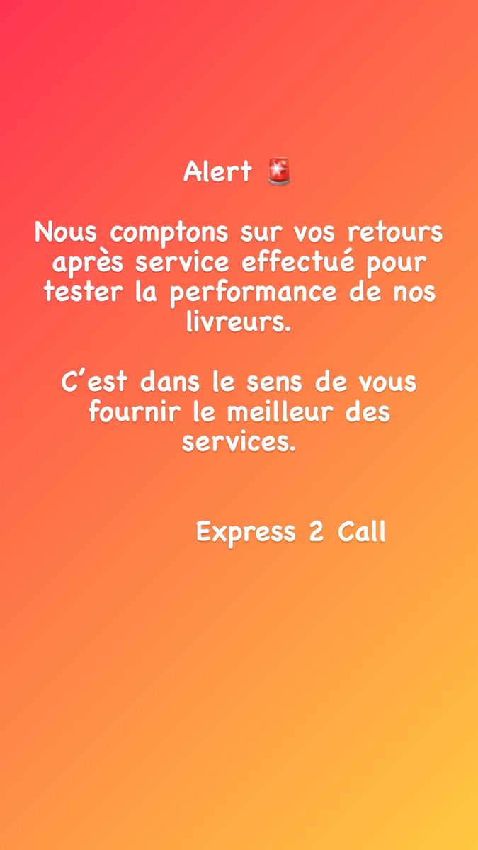 express_2_Call's tweet photo. Hello cher partenaire,

Comme vous voyez, nous cherchons toujours à vous satisfaire. La preuve nous vous donnons l’occasion de nous laisser votre avis par rapport aux livreurs après service effectué.
Nous comptons sur vous 🤜🏿🤛🏿.

#express2call toujours plus proche de VOUS 🤩 https://t.co/e5takzePGe