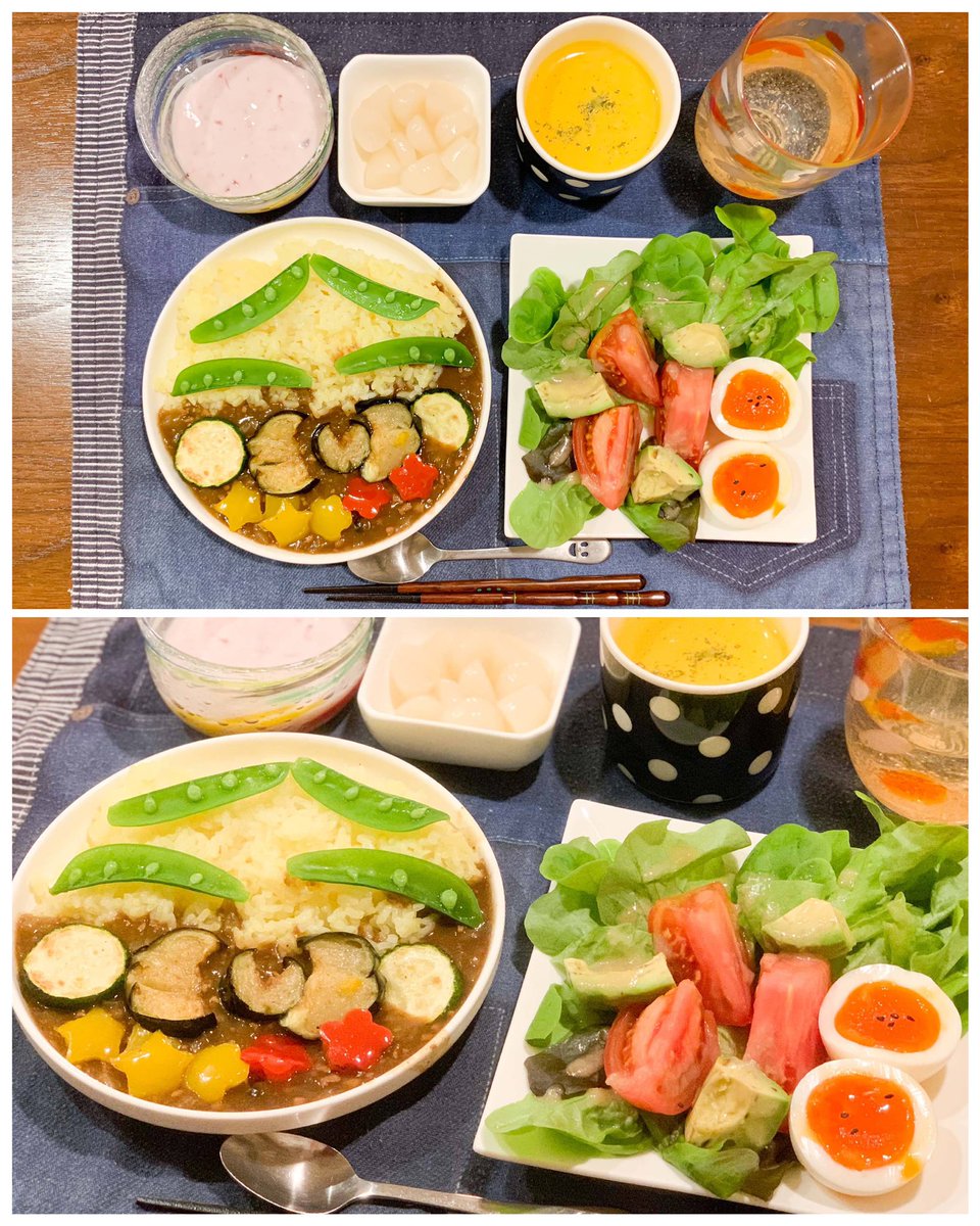 5月9日の #こどもごはん
にぃくん特製母の日カレー😋
(一緒に作って、にぃくんのと母のサラダ&カレーの盛り付けはにぃくんがやった😄丸皿の自分のカレーは「顔」らしい🤣よくわからん)(いつも母担当の型抜き切れ端は今日は全部父の皿に🤣)
←弟2歳  兄7歳↓ 星田(母)→ 